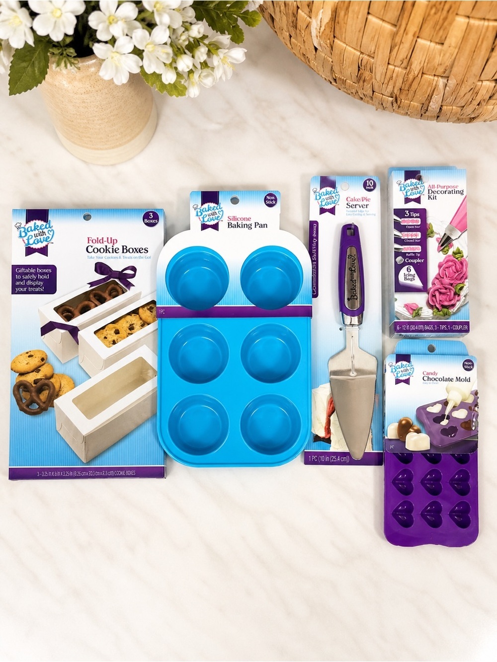New Baked with Love Bakers Gift Bundle- Non Stick Mold, Pan, Decorating, Serving